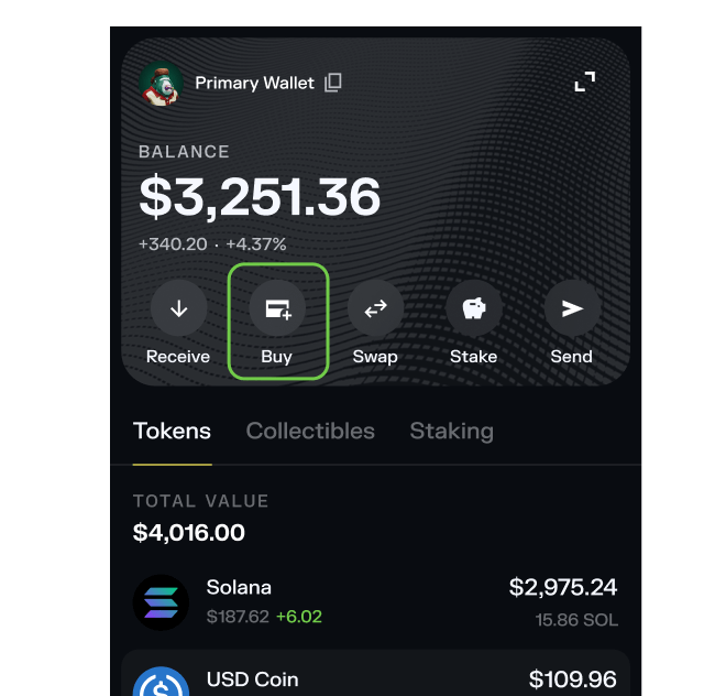 Step 2 - Tap "Buy" in your Solflare Wallet